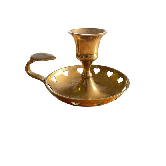 Brass Candlestick Holder Chamber Light Heart Cutouts Small Vintage Unpolished - Picture 1 of 12